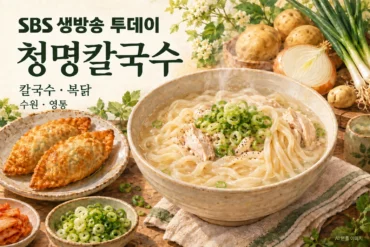 청명칼국수 메뉴를 참고한 AI 음식 일러스트 — 실제 매장 촬영 사진 아님