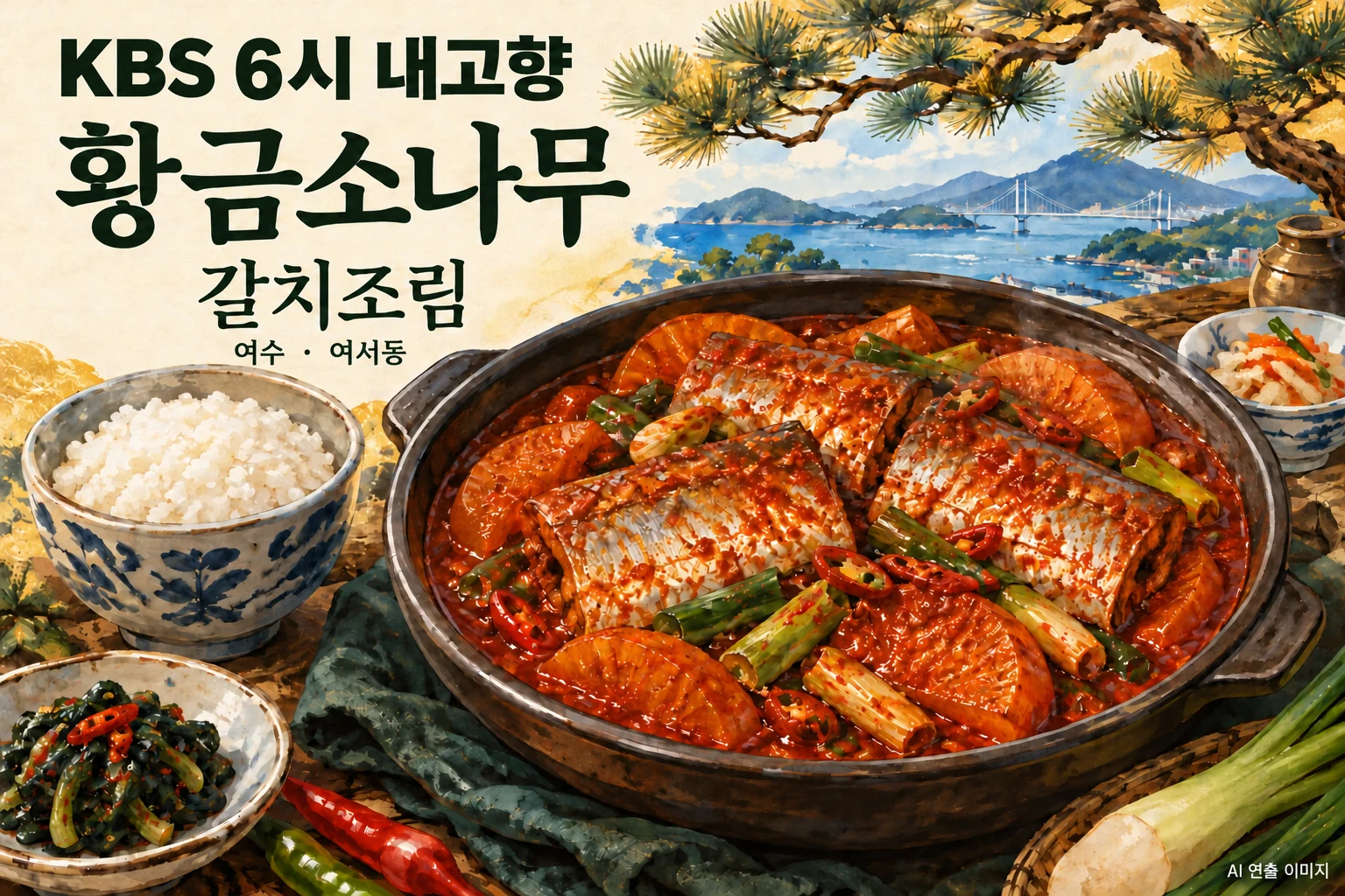 황금소나무 메뉴를 참고한 AI 음식 일러스트 — 실제 매장 촬영 사진 아님