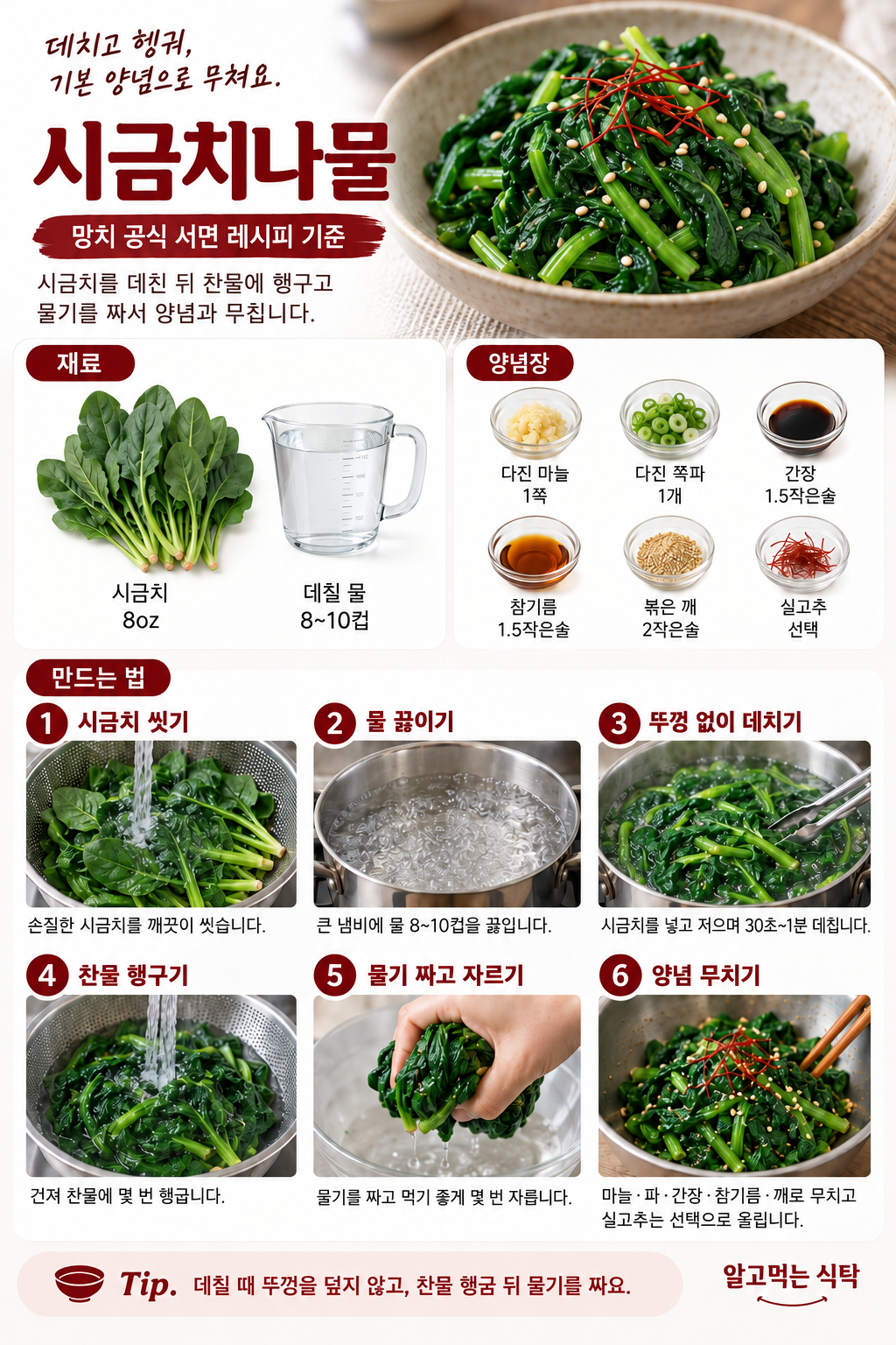 시금치나물 재료와 만드는 순서를 정리한 기존 레시피 카드