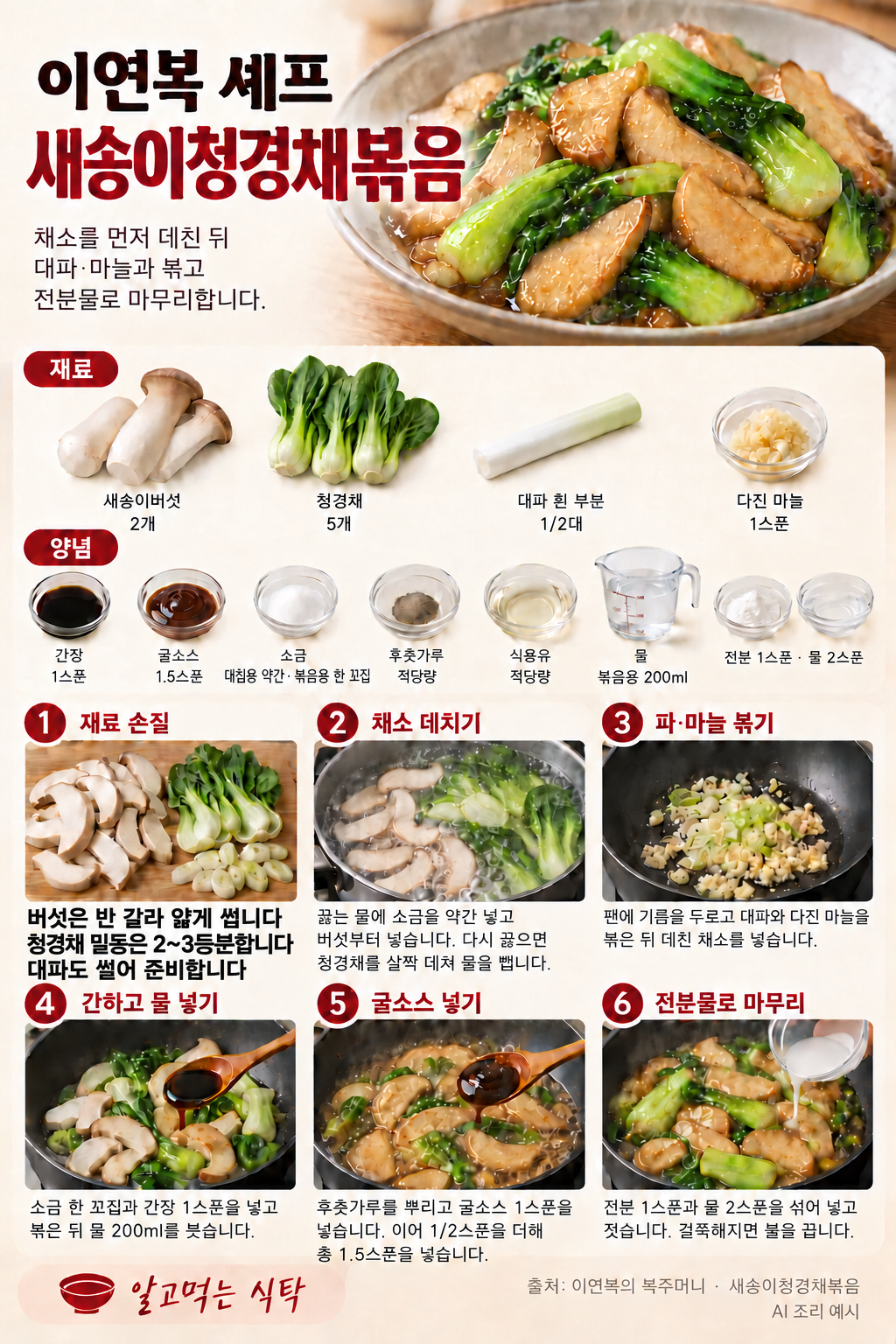 이연복 셰프 새송이청경채볶음 재료와 6단계 조리 순서 — AI 제작 예시