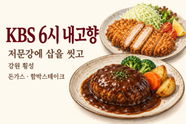 6시 내고향 횡성 저문강에 삽을 씻고 돈가스·함박스테이크 음식 예시 일러스트