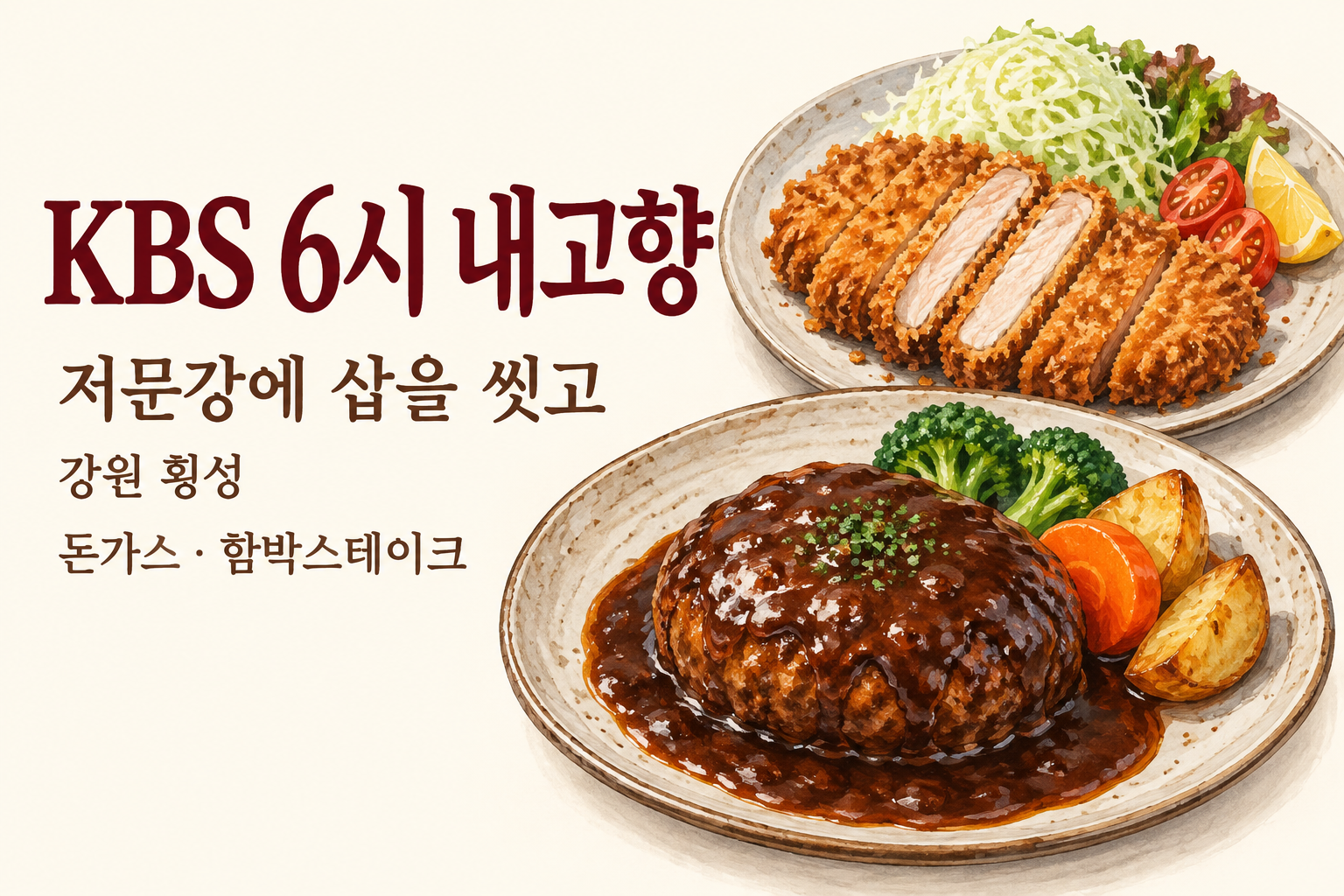 6시 내고향 횡성 저문강에 삽을 씻고 돈가스·함박스테이크 음식 예시 일러스트