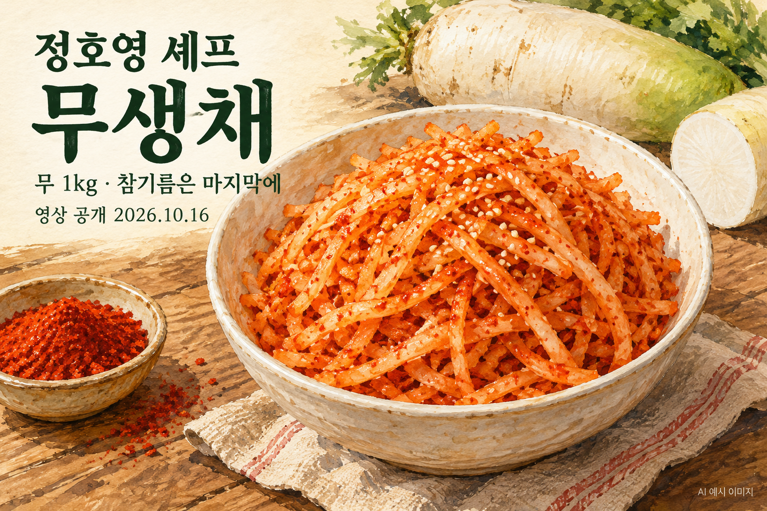 정호영 셰프 무생채: 무 1kg 양념과 참기름 마무리를 표현한 AI 수채화 예시