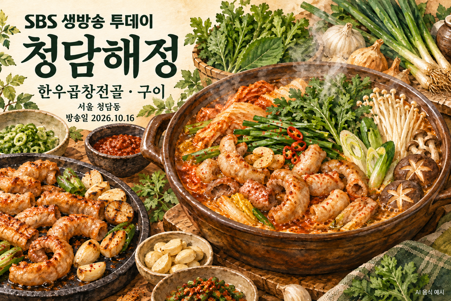 청담해정 한우곱창전골·구이 수채화 음식 예시 — 방송일 2026.10.16