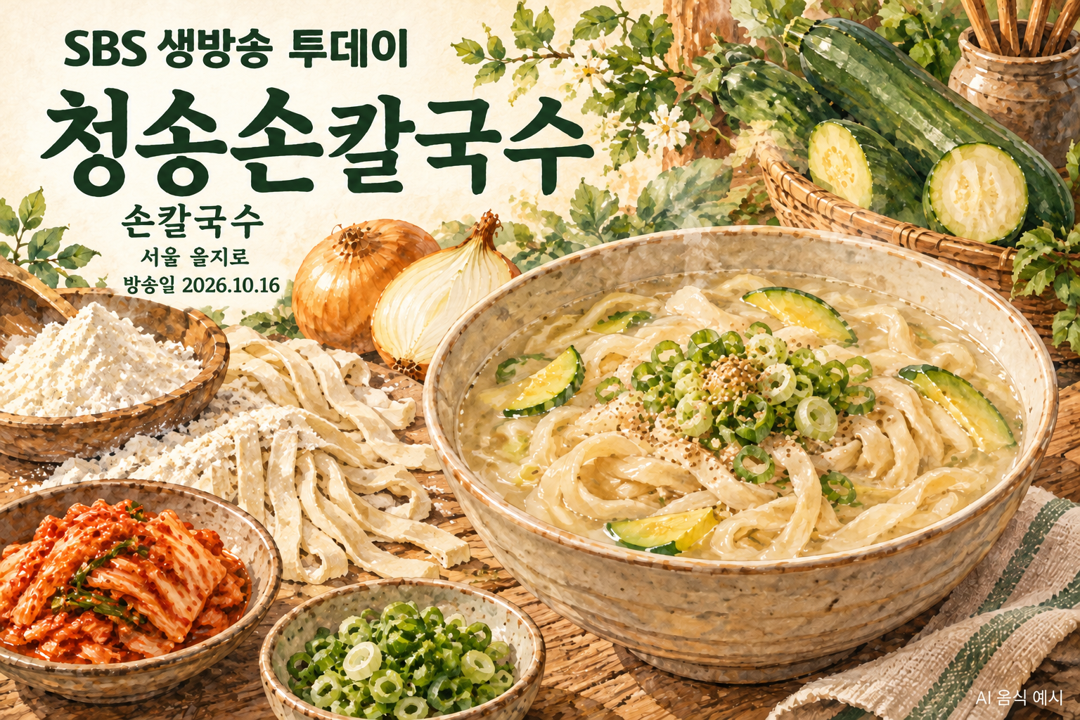 청송손칼국수 수채화 음식 예시 — 방송일 2026.10.16